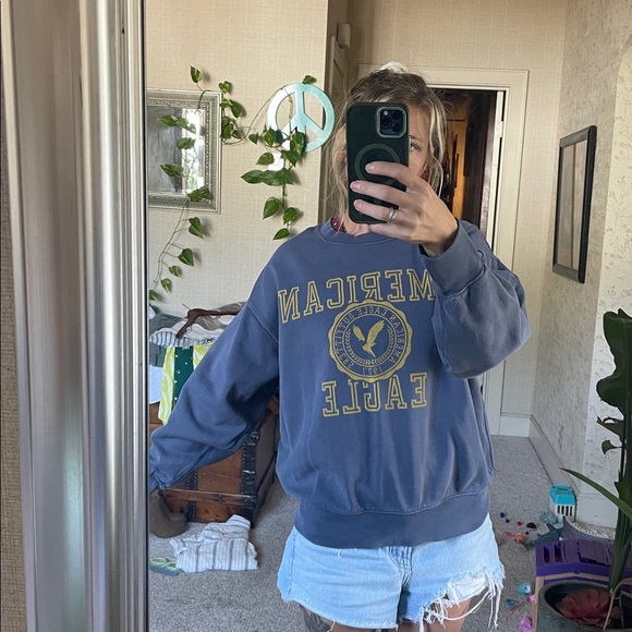 American Eagle Outfitters Oversized Blue Gray Fall Crewneck Sweater - Picture 7 of 13